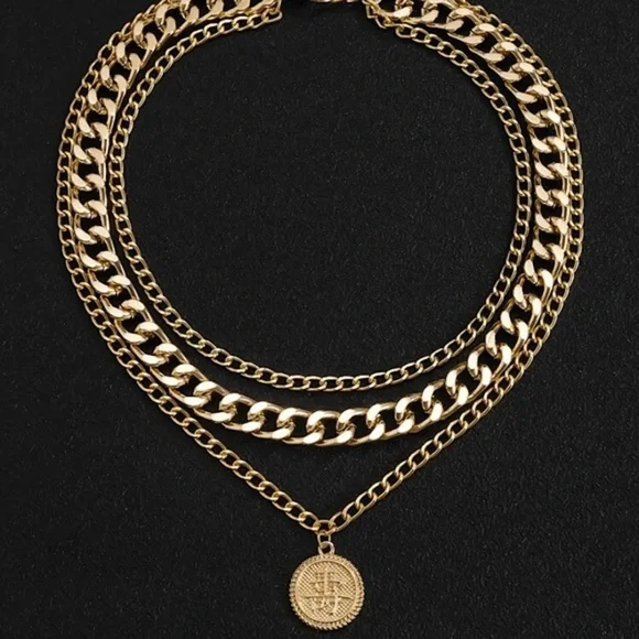 Gold Plated Round Charm Layered Necklace for Men - Picture 4 of 5